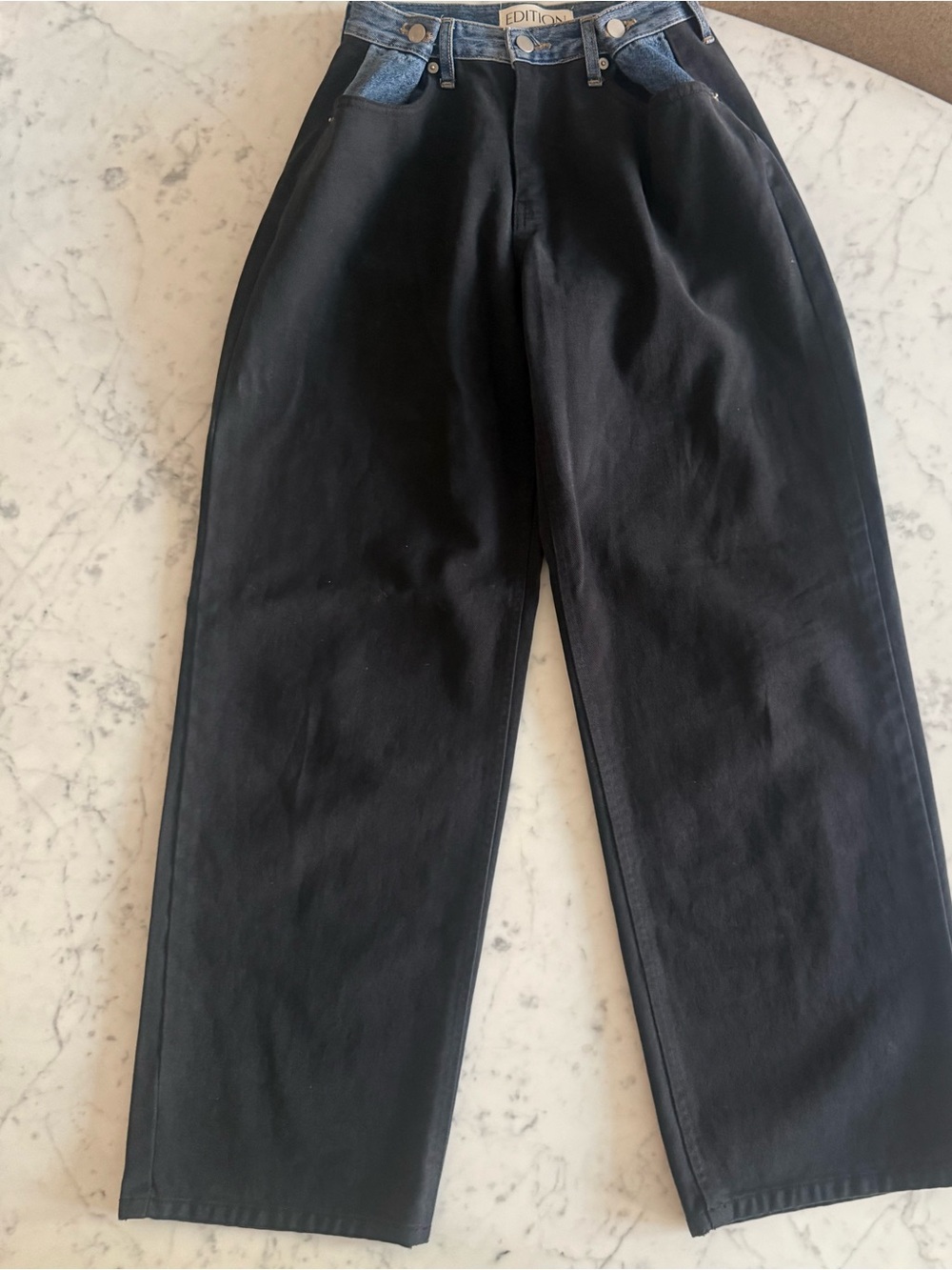 womens Black Wide-Leg Pants with Denim Waist Detail